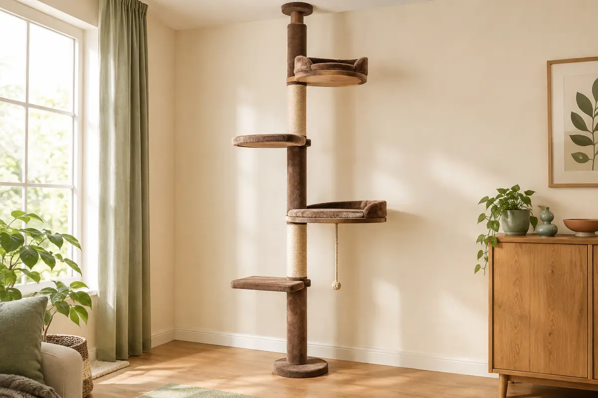 Arbre à chat marron à quatre niveaux, installé du sol au plafond dans un intérieur lumineux et chaleureux.