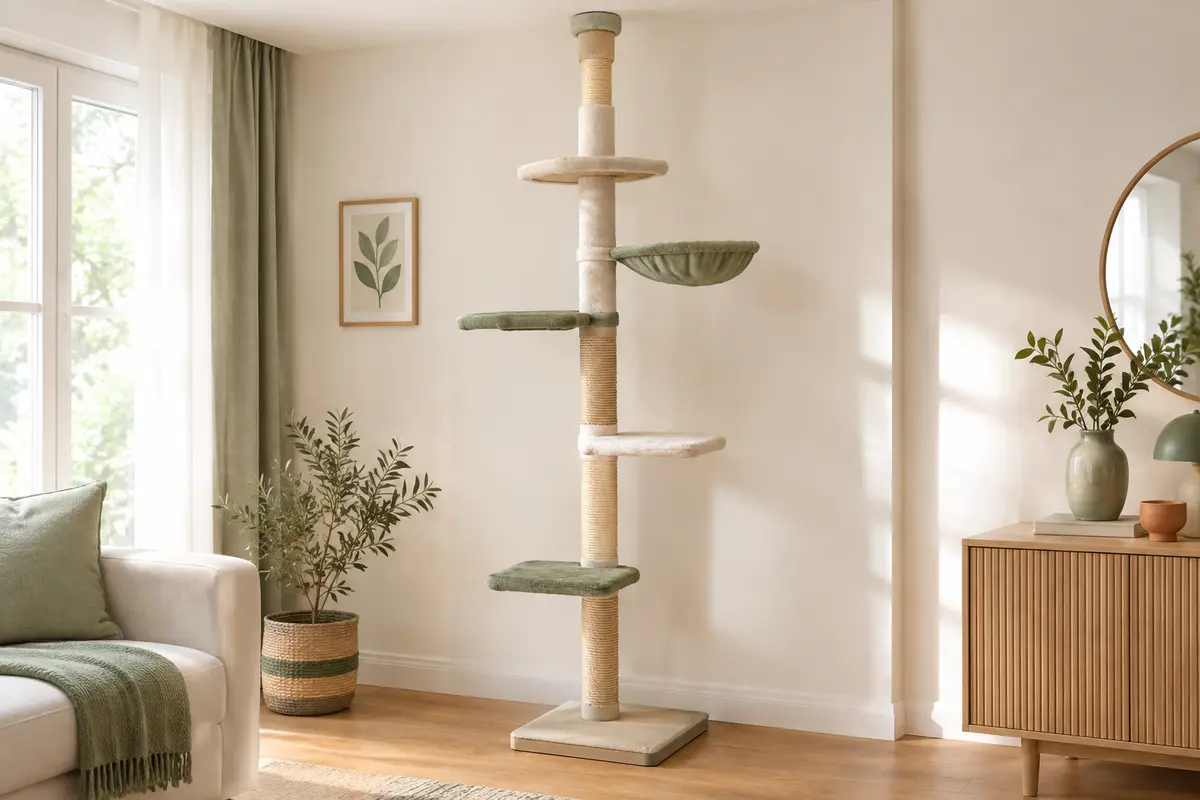 Arbre à chat beige réglable du sol au plafond avec cinq niveaux, plateformes en peluche et zones en sisal