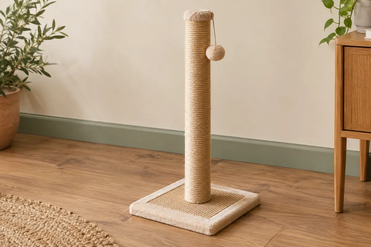 Griffoir PawHut en sisal avec base en peluche et balle suspendue, posé sur un sol en bois