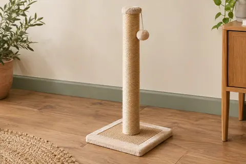 Griffoir PawHut en sisal avec base en peluche et balle suspendue, posé sur un sol en bois