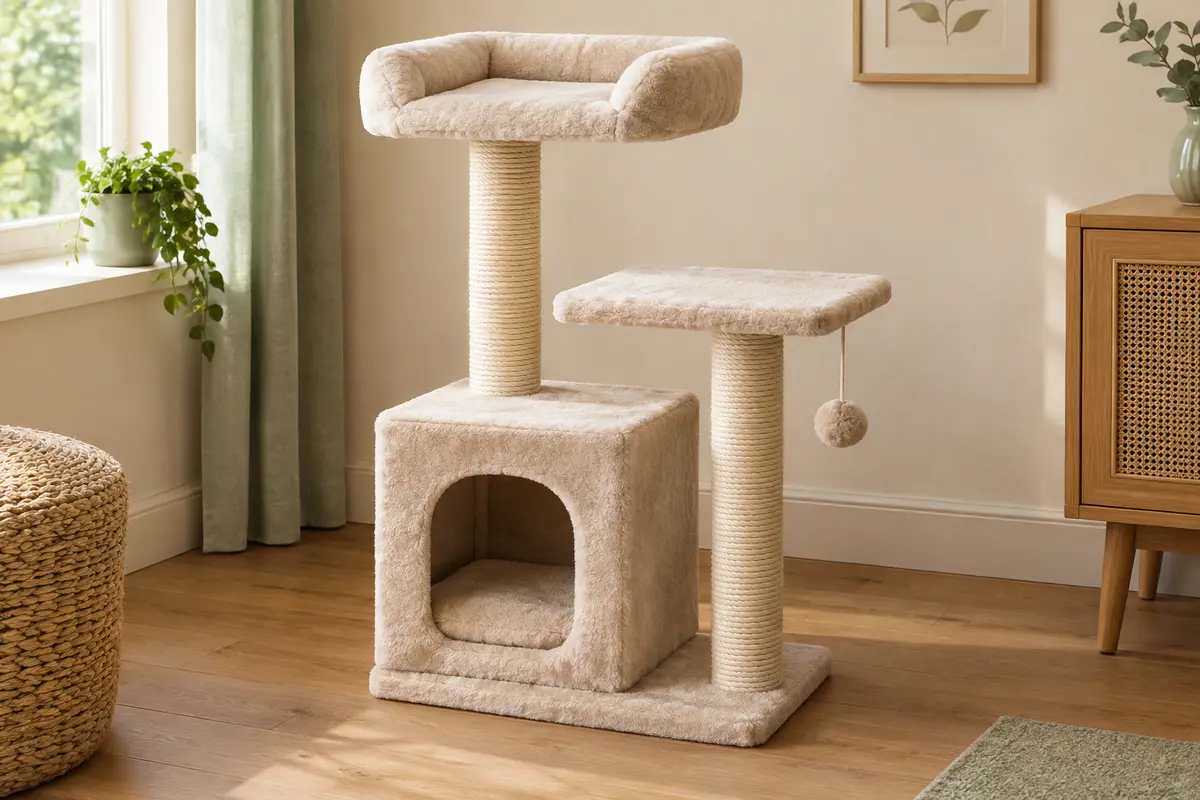 Arbre à chat compact avec niche en peluche, perchoir rembourré et deux poteaux en sisal naturel