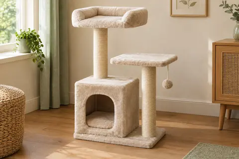 Arbre à chat compact avec niche en peluche, perchoir rembourré et deux poteaux en sisal naturel