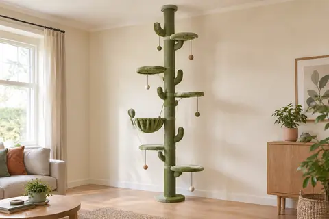 Arbre à chat cactus vert tendu du sol au plafond, avec poteau en sisal, cinq plateformes étagées, hamac et balles suspendues