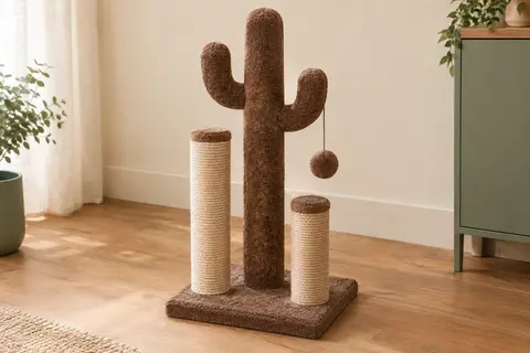 Griffoir cactus marron pour chat avec poteaux en sisal, poteau en peluche et balle suspendue