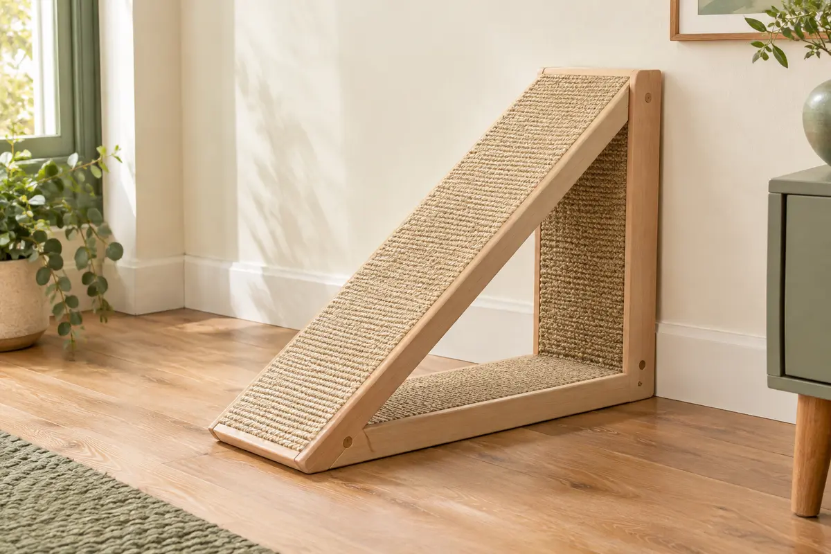 Griffoir Petkaray en forme de L avec rampe inclinée en sisal, posé près d’un mur crème.