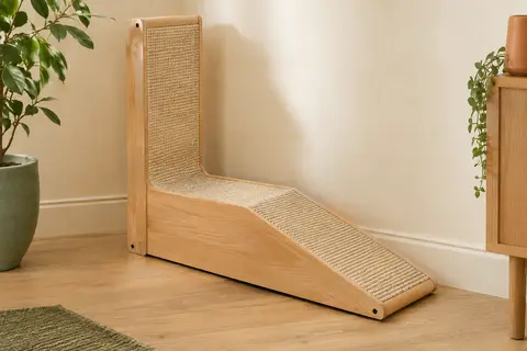 Griffoir incliné en sisal beige et bois, posé en rampe dans un intérieur lumineux
