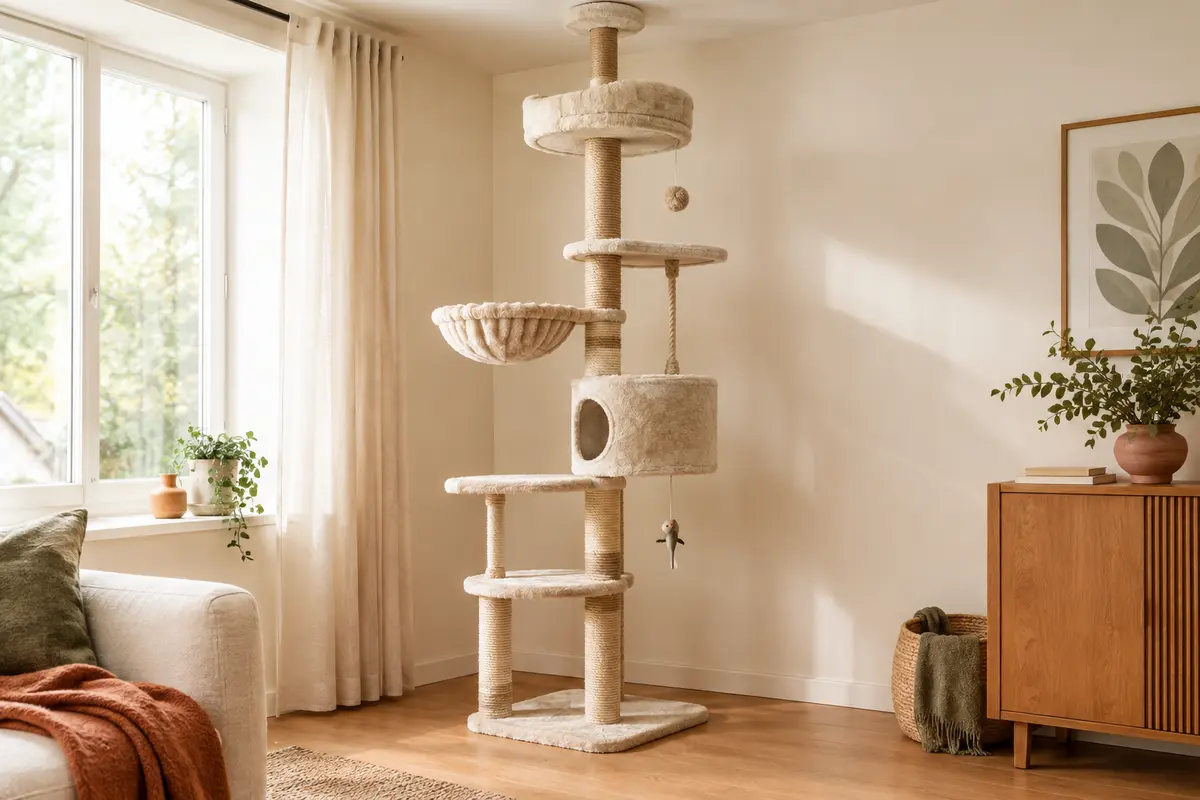 Arbre à chat vertical beige avec plateformes, poteaux en sisal et jouets suspendus