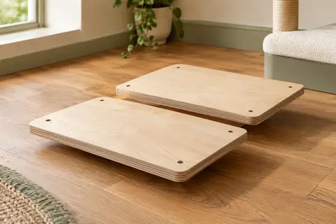 Deux plateformes de rechange en bois d’ingénierie posées dans un intérieur lumineux aux tons crème et bois.