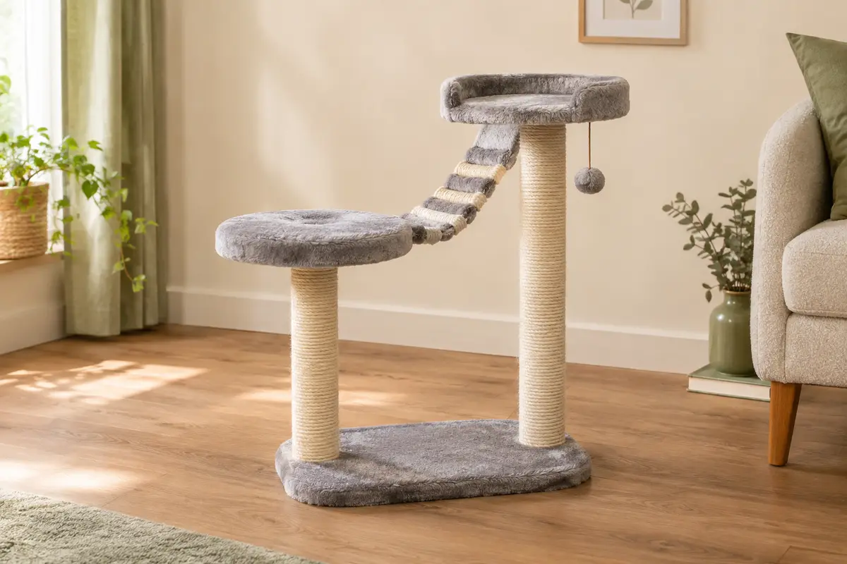 Petit arbre à chat gris avec poteaux en sisal, deux plateformes, un pont et une balle au sommet.