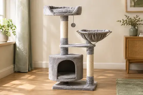 Arbre à chat gris clair avec niche, couchages en hauteur, panier hamac et poteaux en sisal