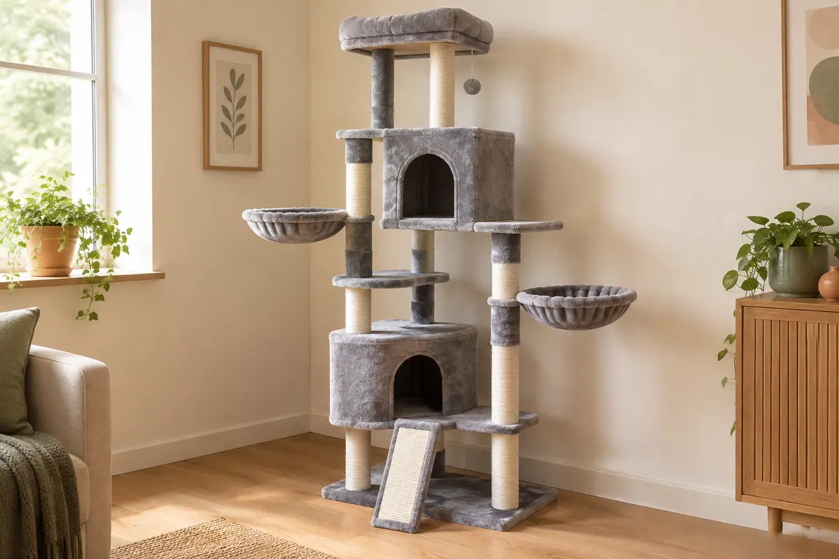Arbre à chat d’angle gris et blanc avec cabanes, plateformes, couchettes et griffoir en sisal