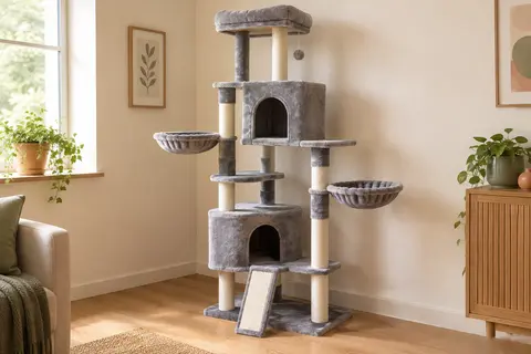 Arbre à chat d’angle gris et blanc avec cabanes, plateformes, couchettes et griffoir en sisal