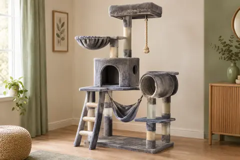 Arbre à chat gris avec niche, hamac, tunnel, poteaux en sisal et plateforme d’observation