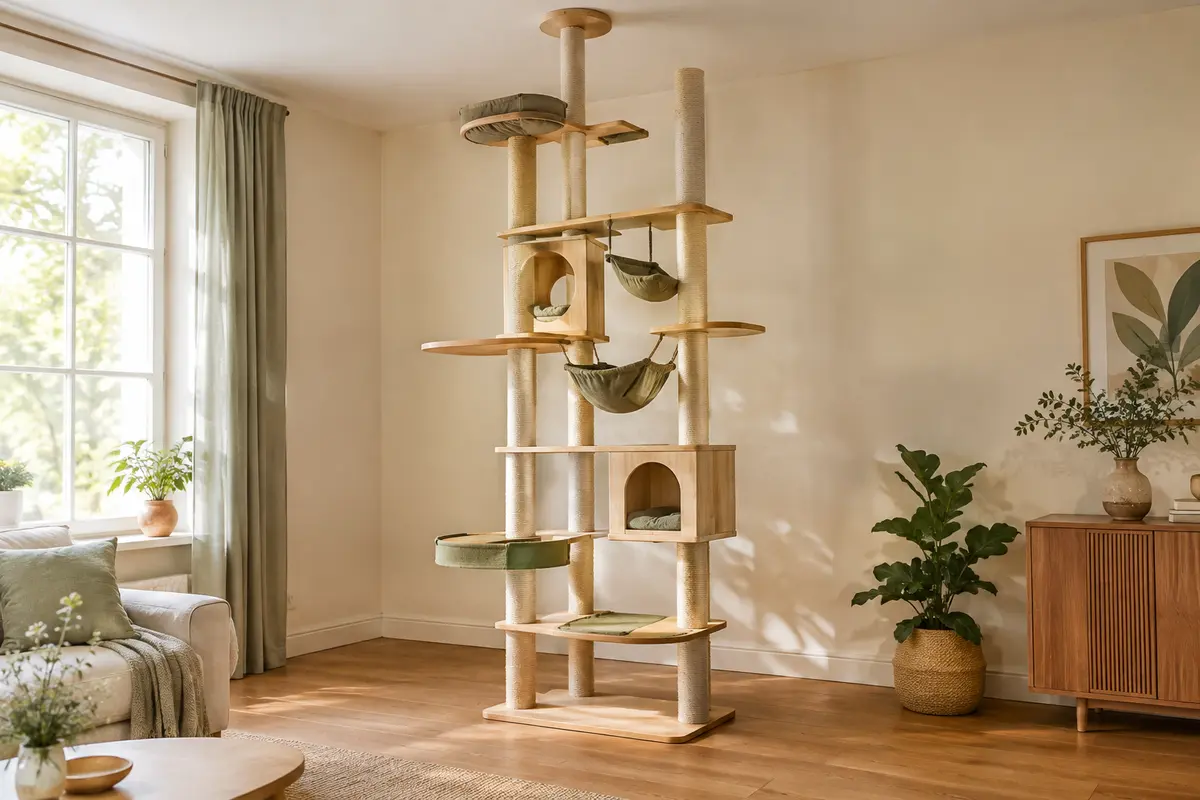 Arbre à chat vertical en sisal et bois de pin, avec hamac, plateformes et trampolines dans un intérieur lumineux.