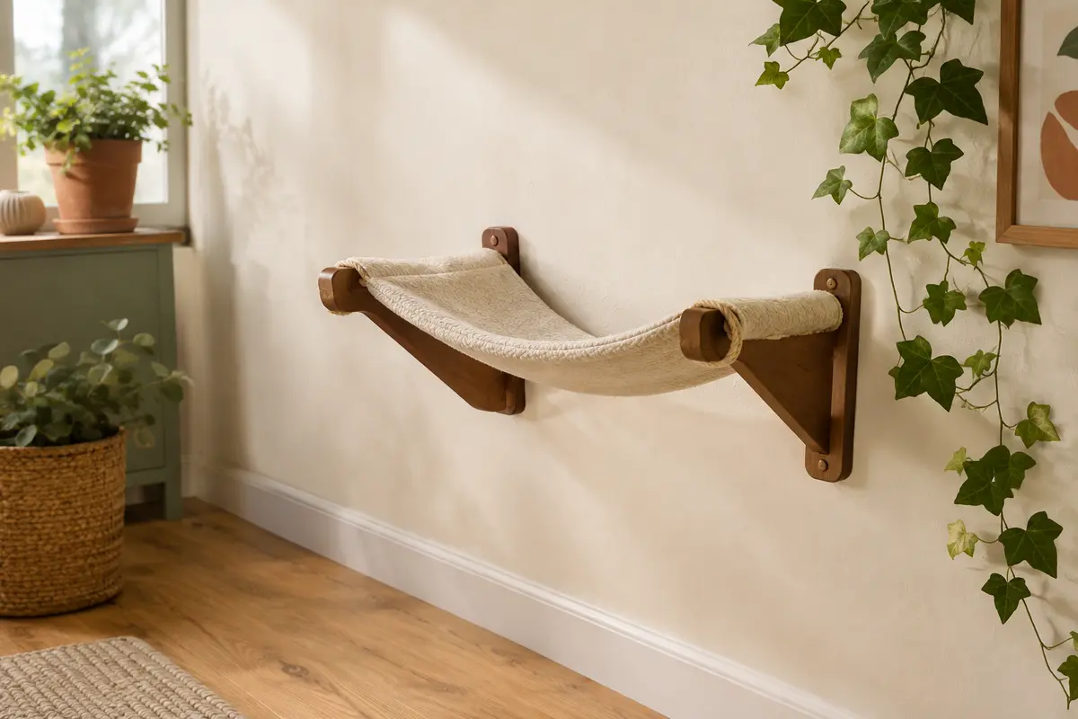 Hamac mural pour chat en bois marron et polyester, installé sur un mur clair avec des feuilles de lierre