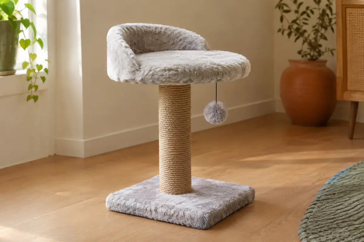 Petit arbre à chat gris avec griffoir en jute, plateforme en peluche et pompon suspendu.