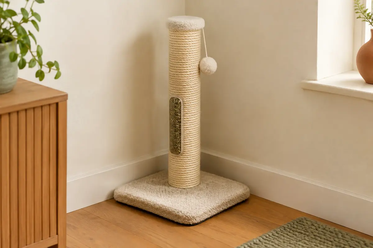 Griffoir d’angle Trixie Lorca beige en sisal, installé dans un coin d’un intérieur lumineux.