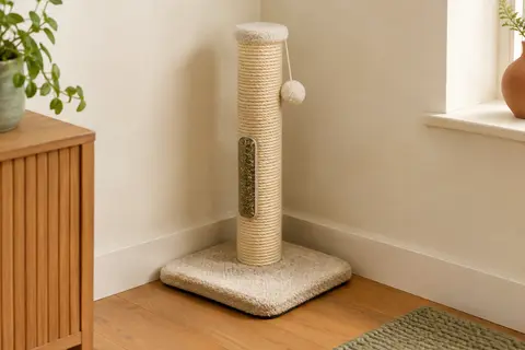 Griffoir d’angle Trixie Lorca beige en sisal, installé dans un coin d’un intérieur lumineux.