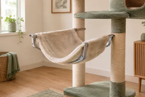 Hamac beige en peluche avec cadre métallique fixé à la place d’une plateforme sur un griffoir