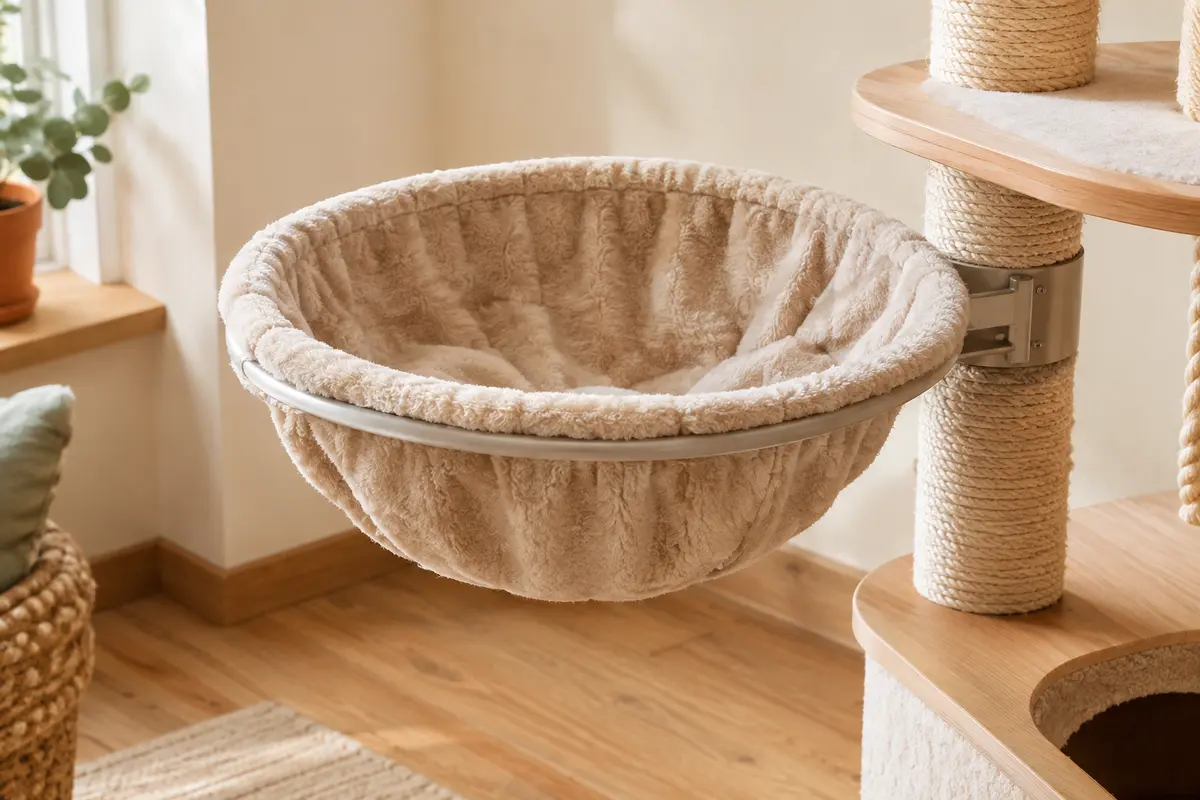 Hamac de rechange rond en peluche beige avec cadre métallique, posé près d’un arbre à chat.