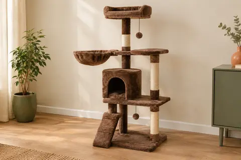 Arbre à chat marron à plusieurs niveaux avec niche en peluche, plateformes et griffoirs en sisal
