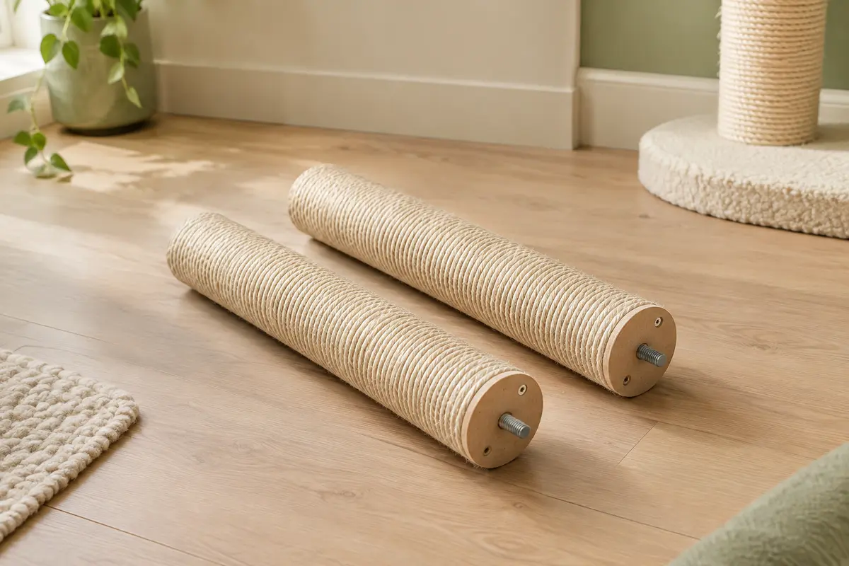 Deux poteaux de rechange en sisal beige avec fixations M8, posés sur un sol en bois clair.