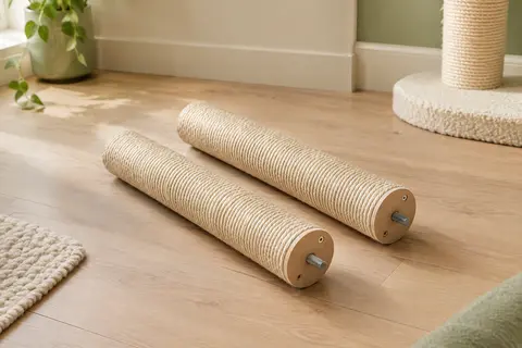Deux poteaux de rechange en sisal beige avec fixations M8, posés sur un sol en bois clair.
