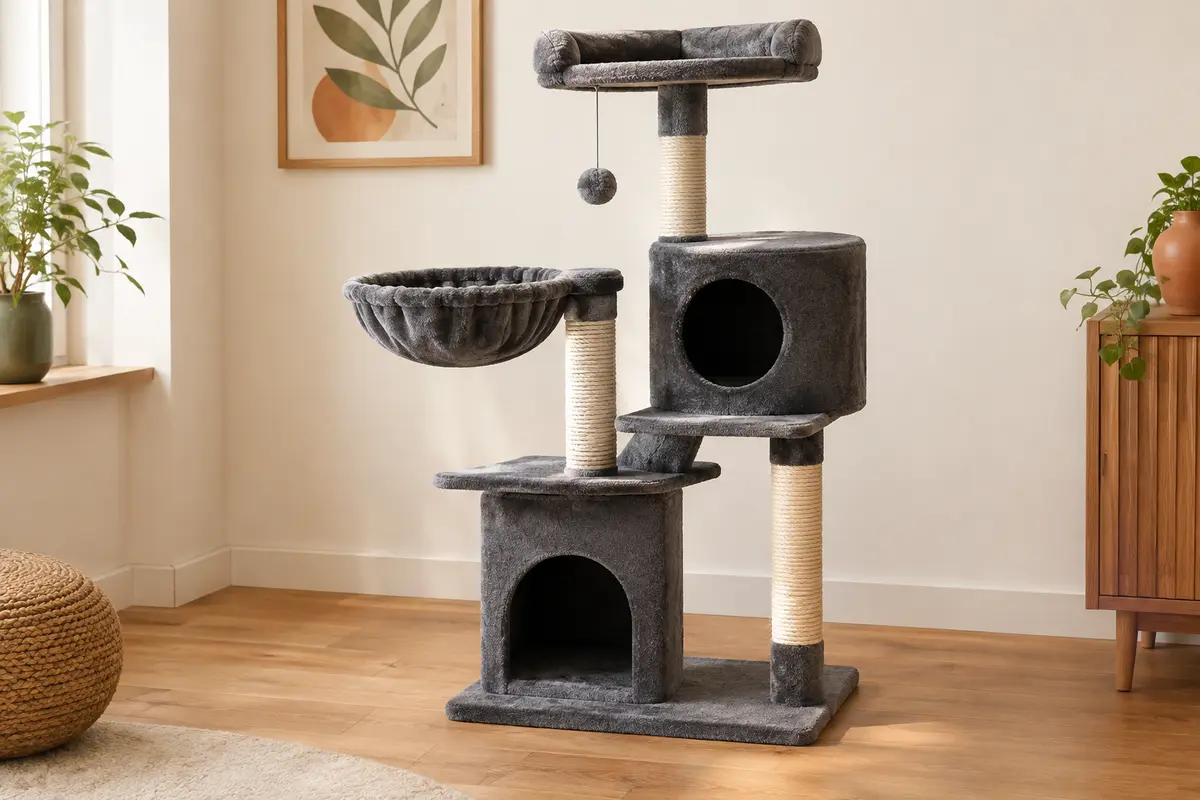 Arbre à chat gris foncé avec deux niches, un panier rond, un perchoir et des poteaux en sisal