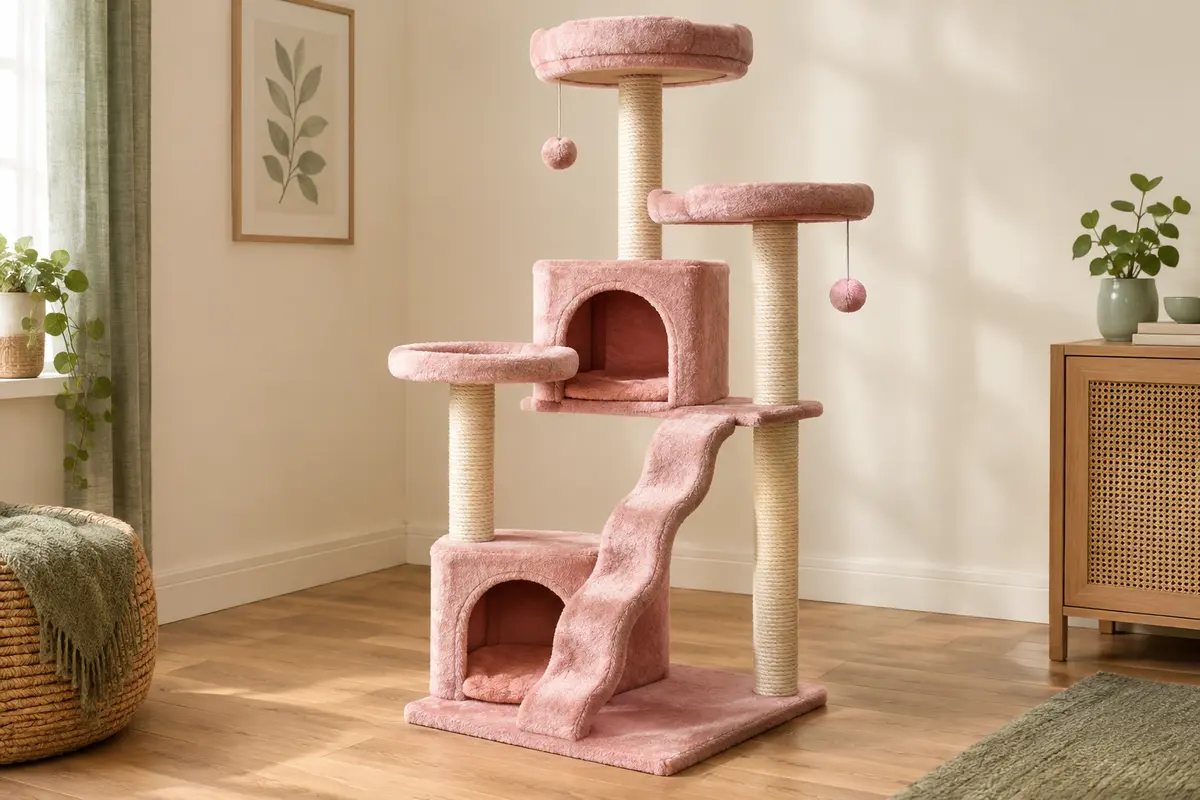Arbre à chat rose à plusieurs niveaux avec deux niches, des perchoirs, une rampe et des poteaux en sisal