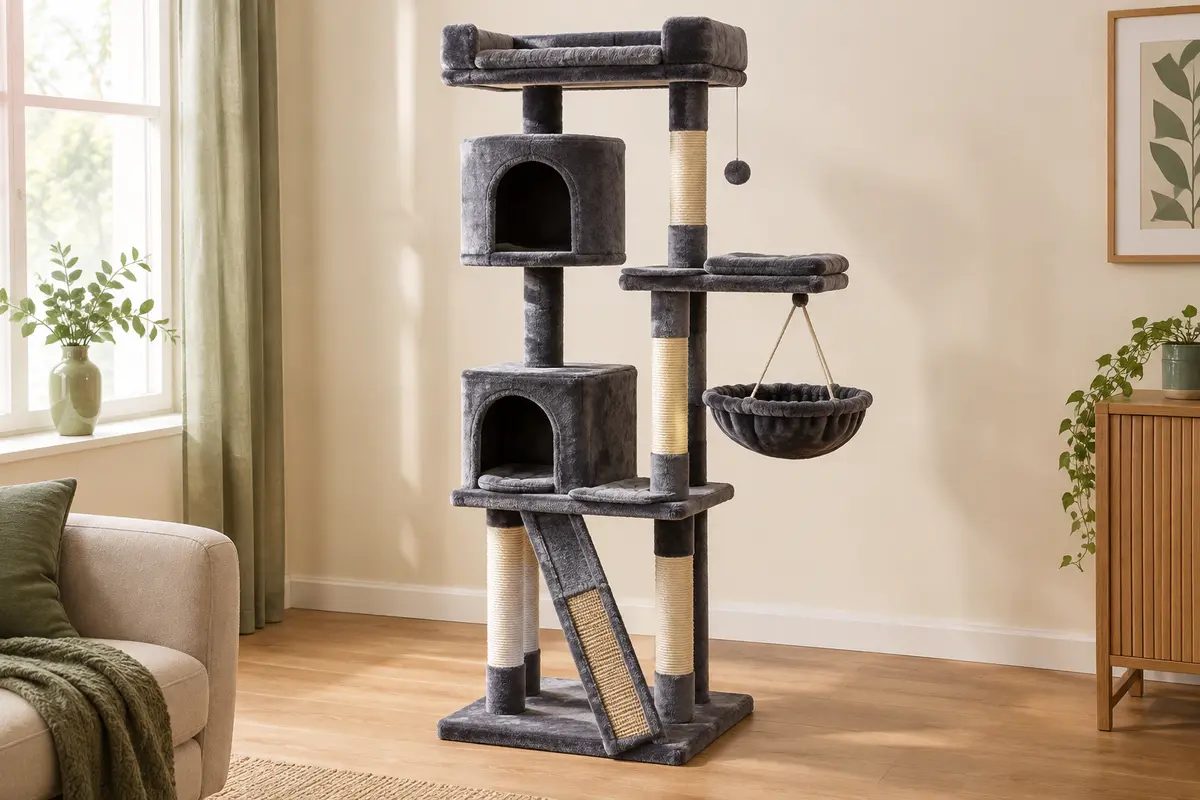 Arbre à chat gris foncé avec niches, plateformes rembourrées, panier suspendu et poteaux en sisal